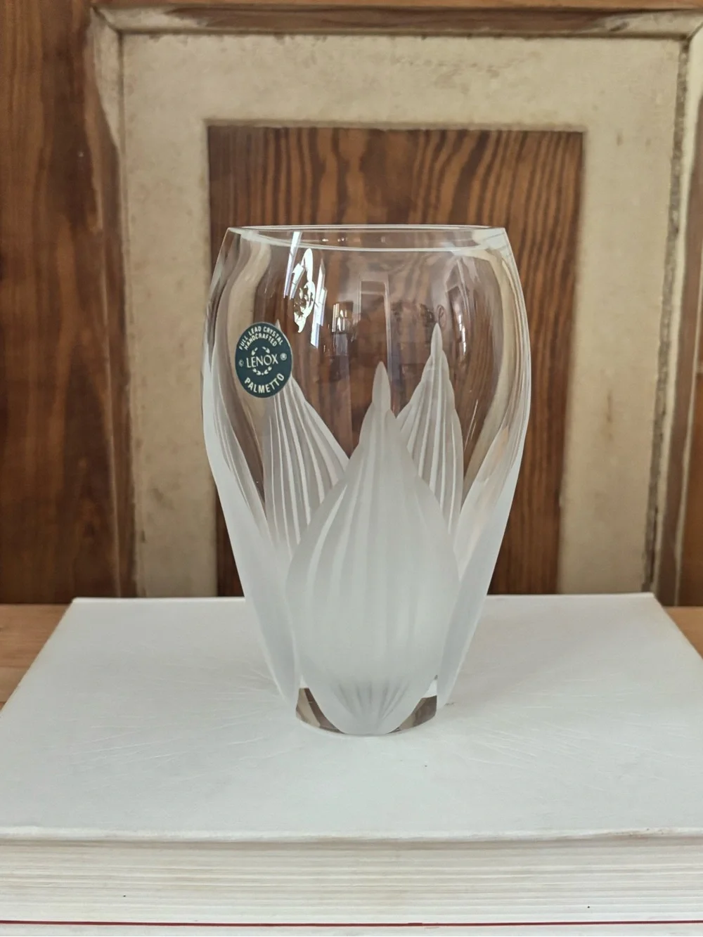 Lenox Palmetto Crystal Vase with Frosted White Floral Motif-6” tall